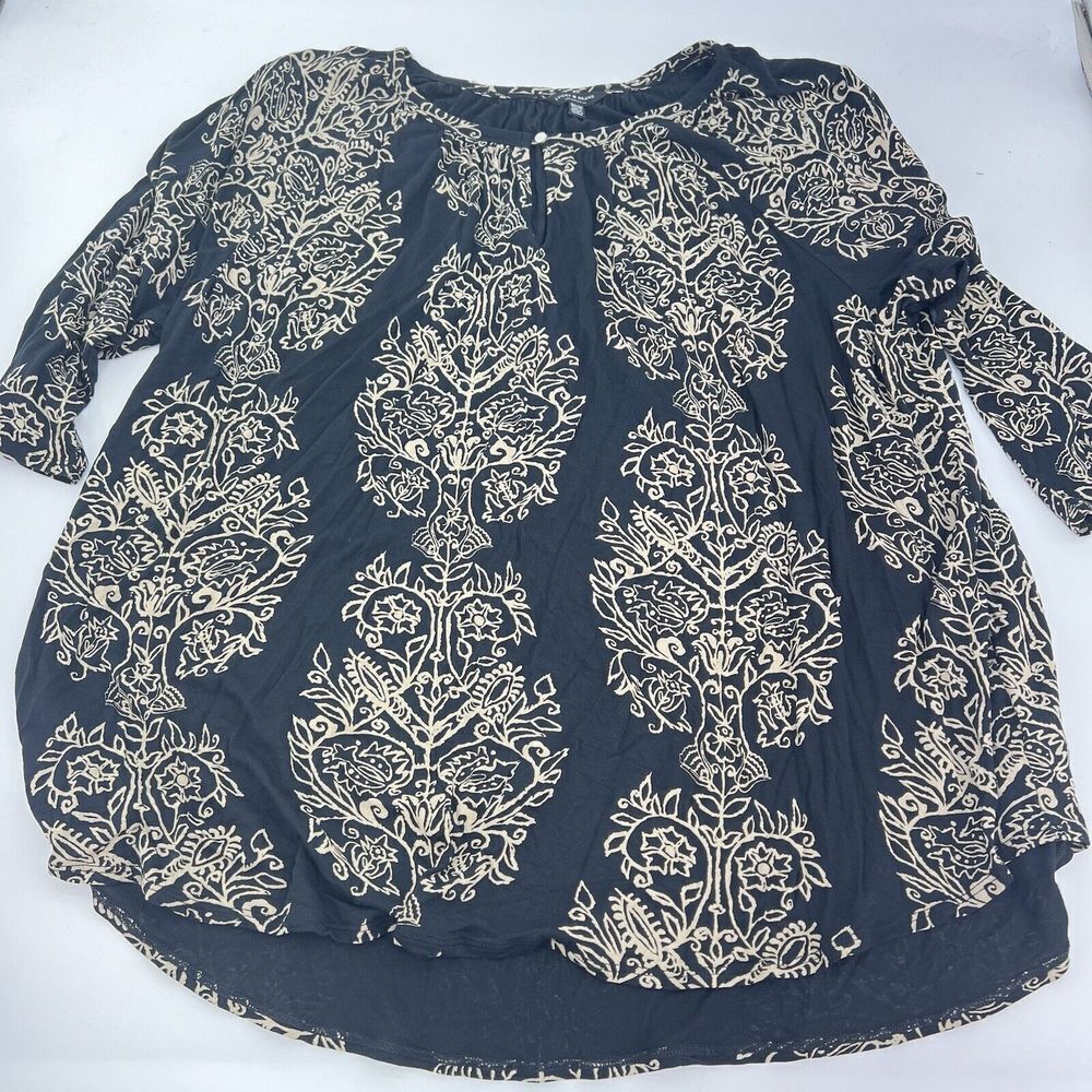 Lucky Brand Top Plus Size 3X Black Tan Floral Peasant Boho 3/4 Sleeves Stretchy
